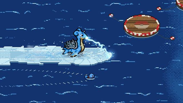 A scene from the Pokémon Arena 2D trailer: Lapras surfing an ice path across water